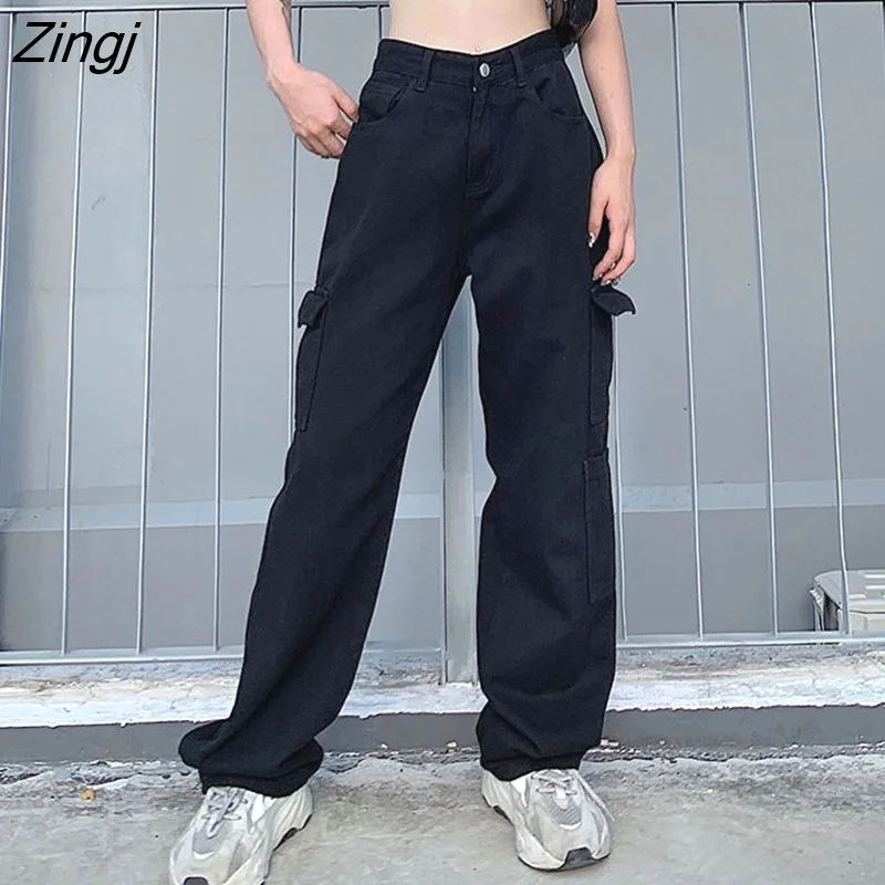 Zingj Loose Jeans Casual Work Pants women Hip Hop Jeans woman Cotton Trousers 1 Pocket women Clothes Blue/black/white Jeans