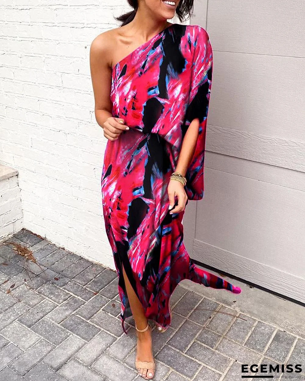 Colorful Print One shoulder Slit Dress | EGEMISS