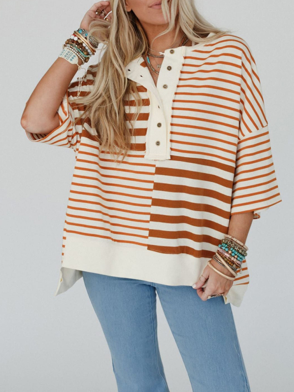 Mature Women's Oversized Striped Patchwork Top