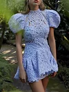 Crochet Hollow Puff Sleeves Mini Dresses