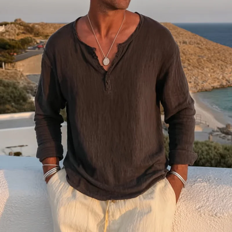 Men's Brown V-neck Light Breathable Linen Holiday Loose Casual Long-sleeved T-shirt-inspireuse
