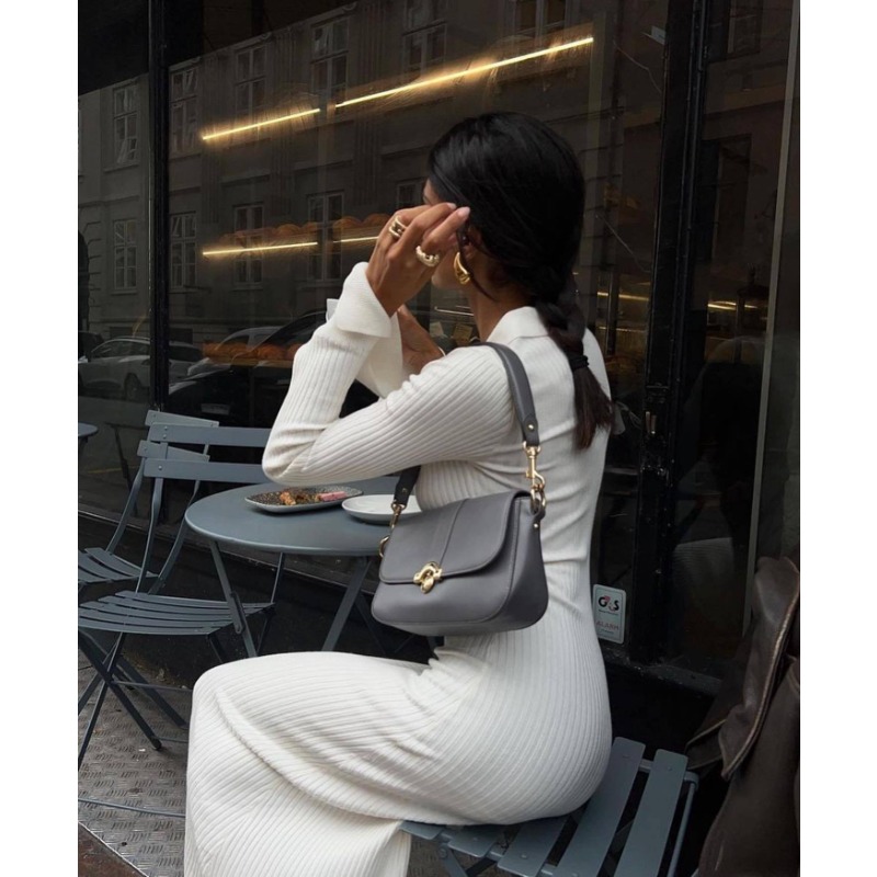 Ootddress White High Waist Knitwear Dress Fashion Women Rib Lapel Autumn 2025 Slim Elegant Long Dress Casual Knit Solid Party Dress