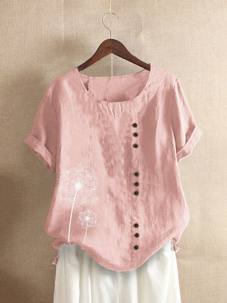Floral Printed Short Sleeve O Neck Button T shirt For Women P1663436