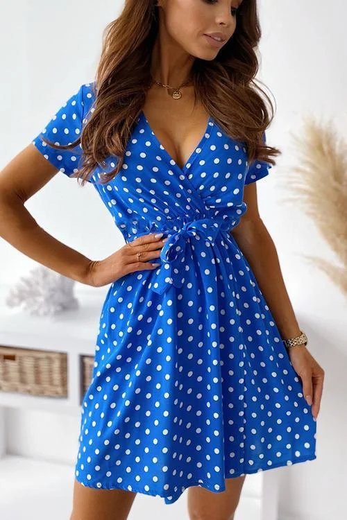 Polka Dot V Neck Short Sleeve Mini Dress
