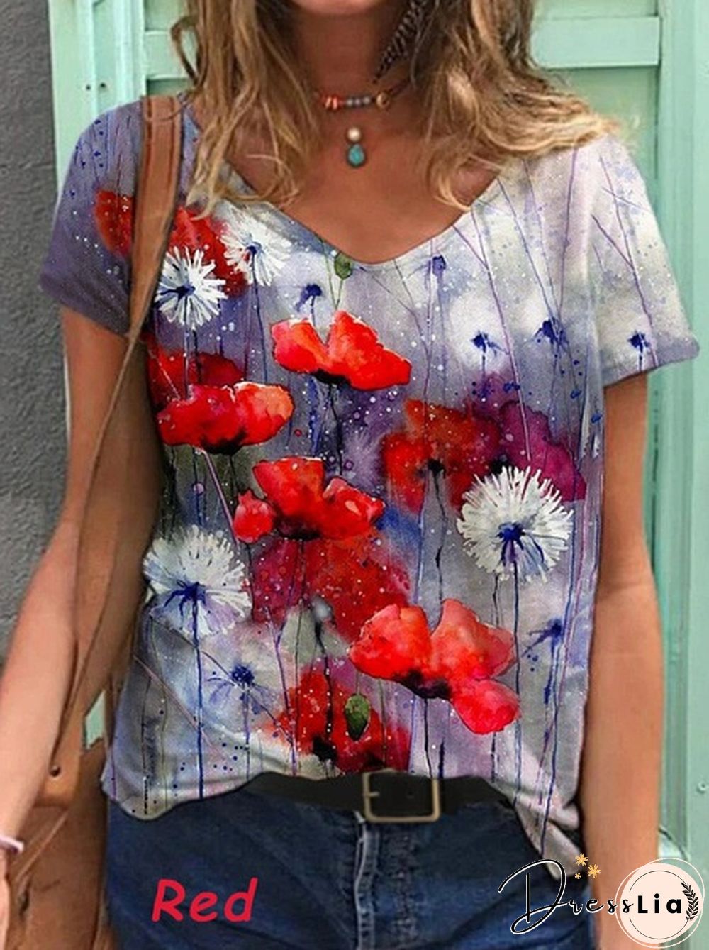 Women's V-neck Casual Color Flower Painting Short Sleeve T-shirt Loose Top Plus Size Summer Blouse XS-5XL