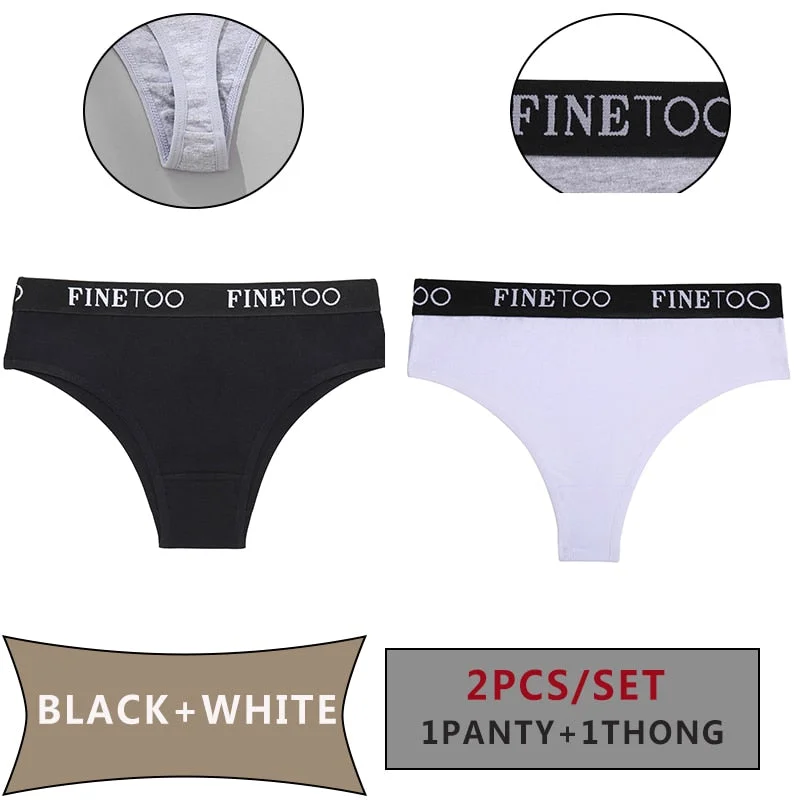 FINETOO 2PCS/Set Women Cotton Panties Sexy Letter Underwear Panty Thong Low Waisted 1Panty+1G-string Brief Tanga Lingerie Femme