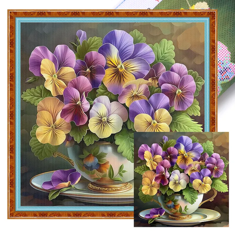 【Huacan Brand】Pansy in a Teacup 40*40cm 11CT Stamped Canvas Cross Stitch gbfke