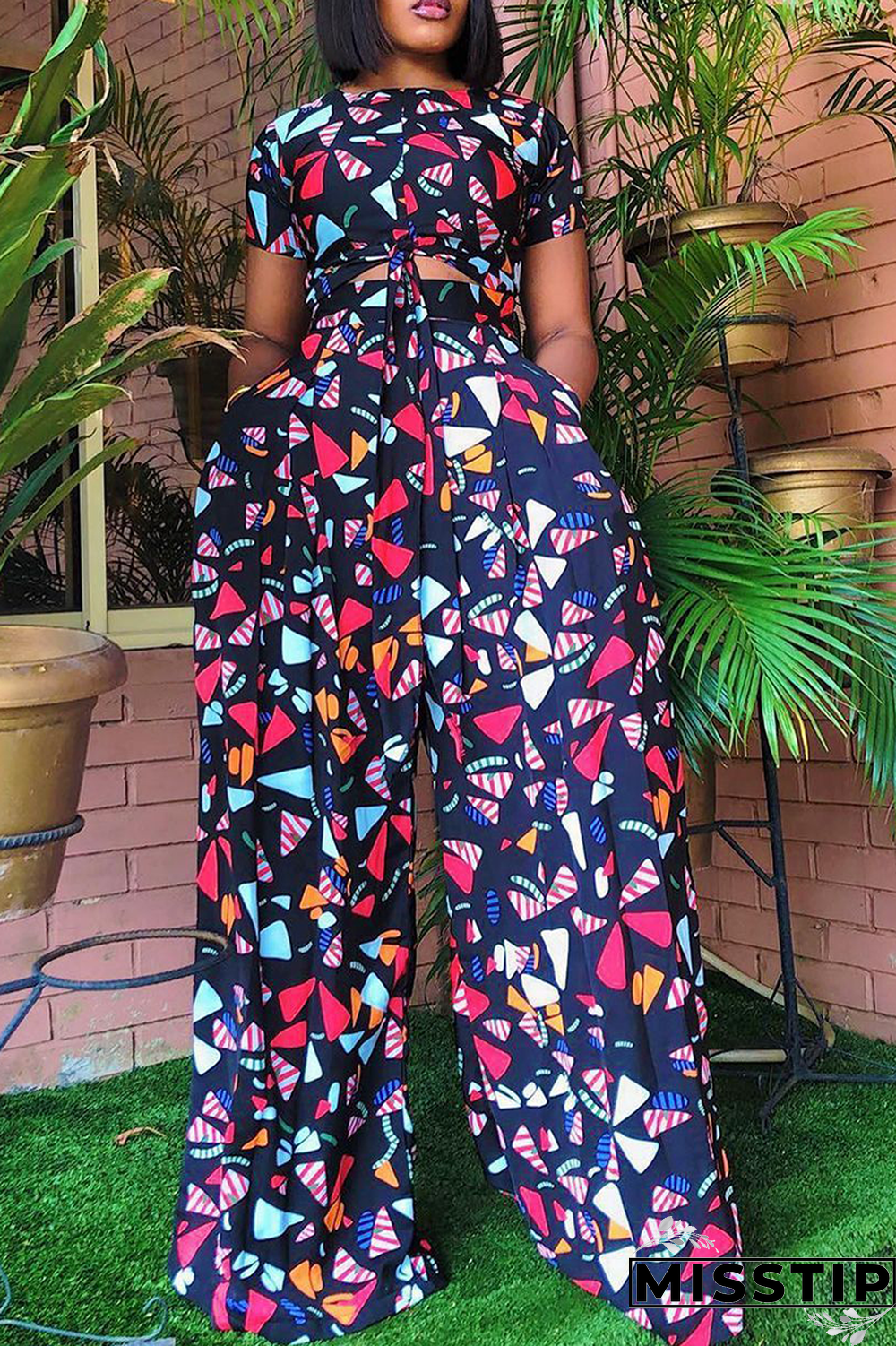 Purple Casual Print Patchwork O Neck Plus Size Two Pieces