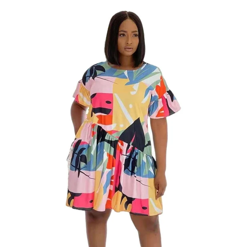 S-3xl Dress Women Summer Clothing 2021 Wholesale Loose Print Cute Sweet Elegant Short Sleeve Plus Size Mini Dresses Dropshipping