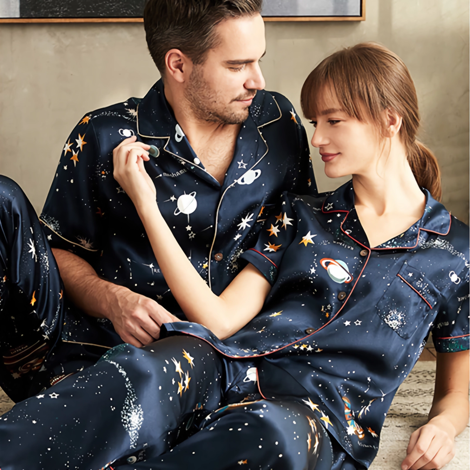 19 Momme Universe Printed Short Sleeves Couple's Silk Pajamas REAL SILK LIFE