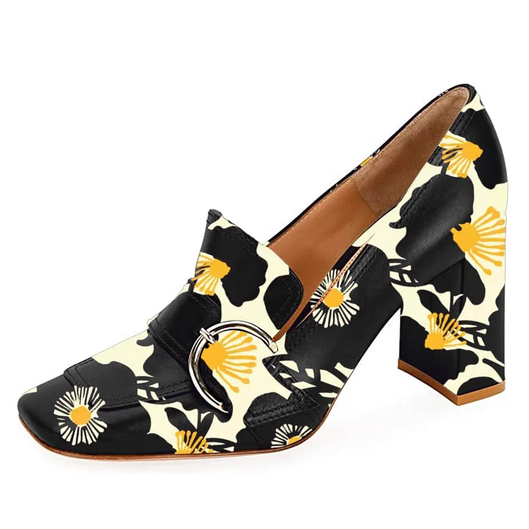 YDN Square Toe Buckle Chunky Heeled Loafers with Black Flower