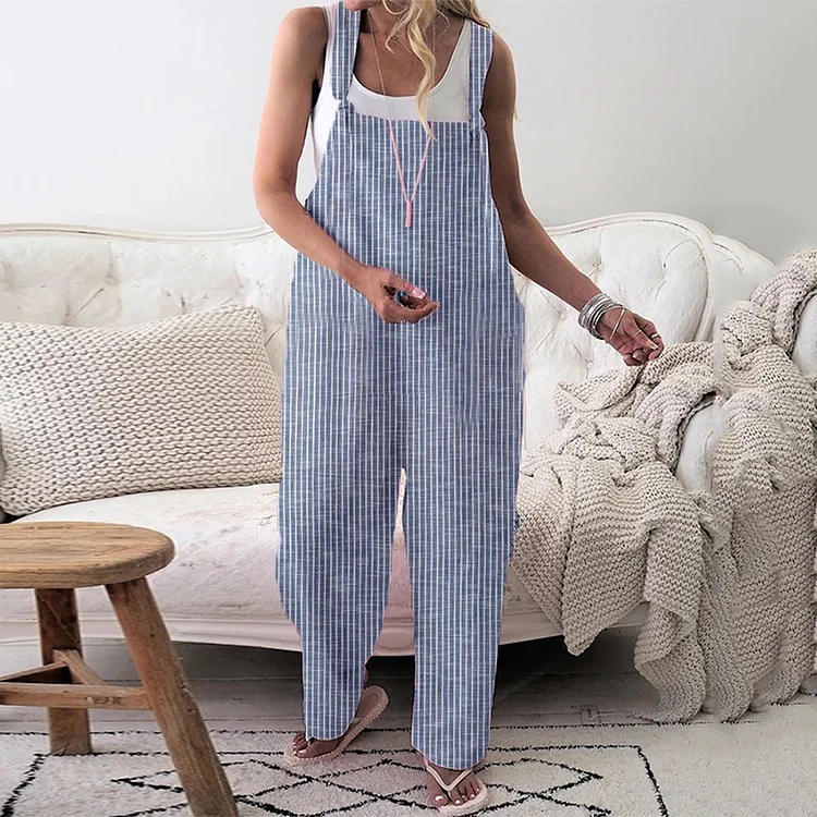 Casual Striped Printed Loose Linen Rompers