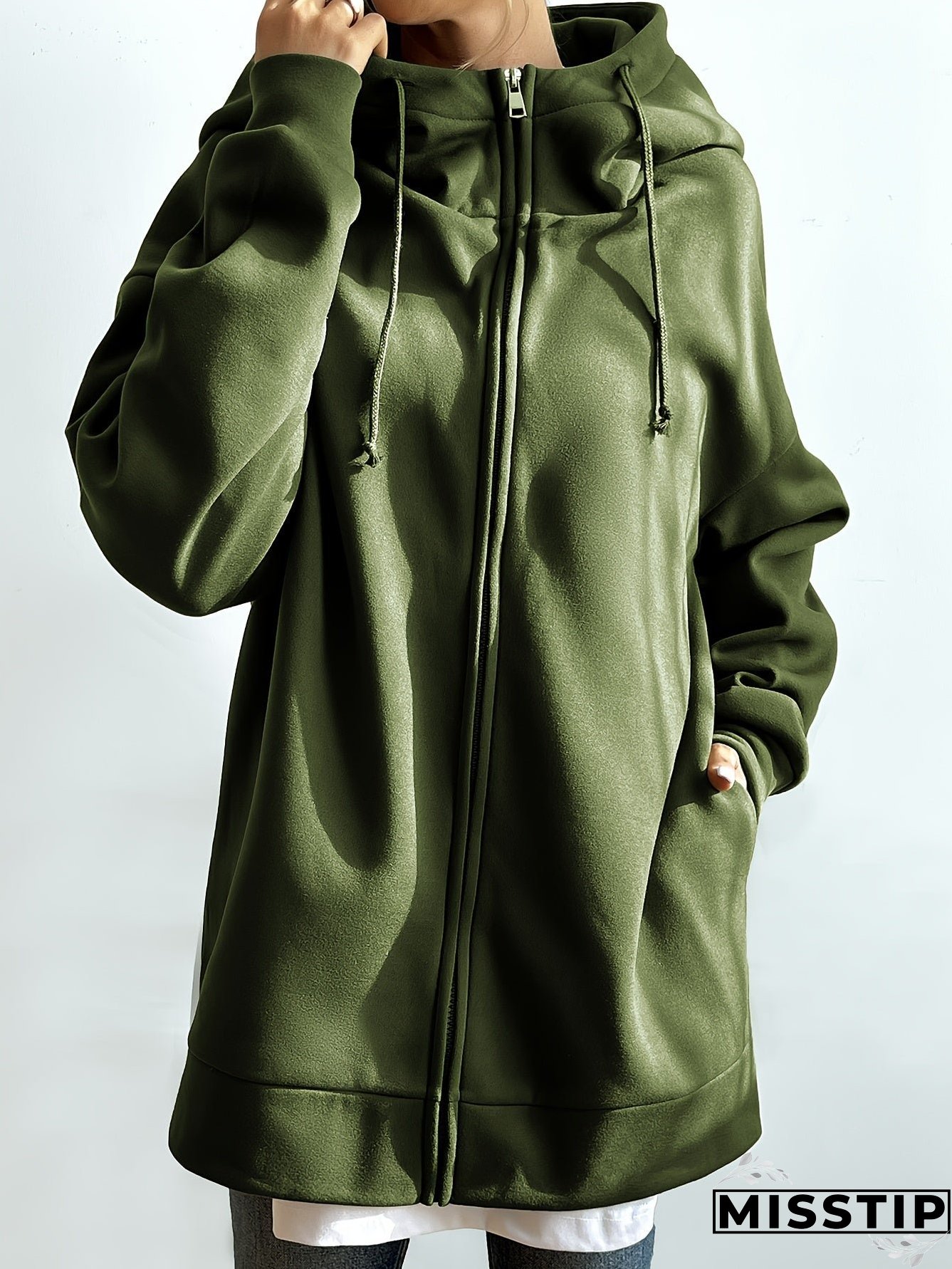 Solid Color Casual Sports Hooded Zipper Sweatshirs, Long Sleeve Drawstring Hoodie, Women's Sporty Sweatshirts