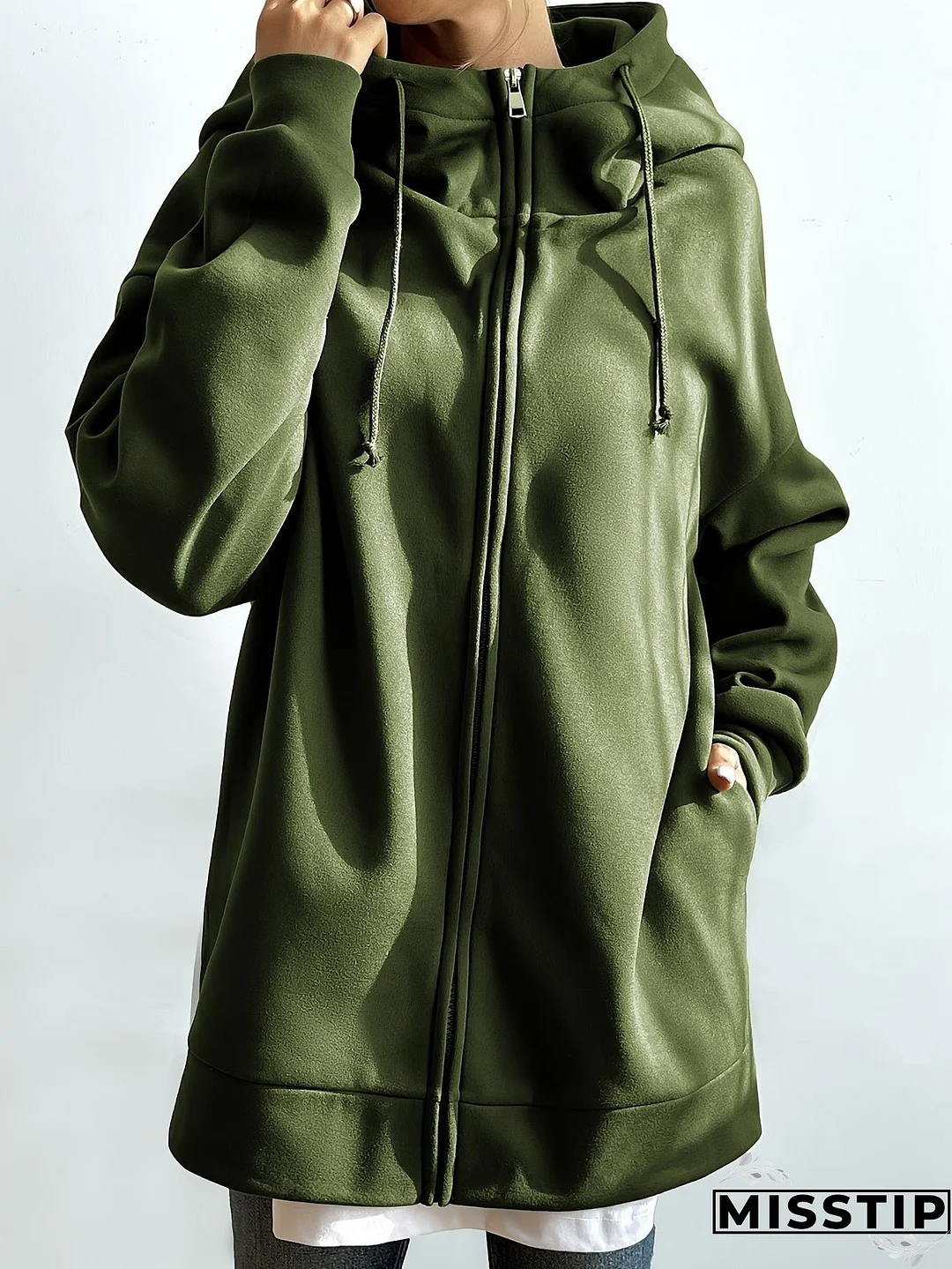 Solid Color Casual Sports Hooded Zipper Sweatshirs, Long Sleeve Drawstring Hoodie, Women's Sporty Sweatshirts