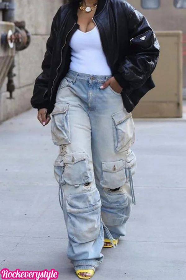 Fashion Multi-dimensional Pocket Washed Cargo Jeans