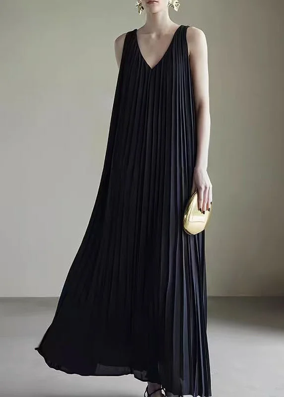 Black Wrinkled Pockets Chiffon Long Dresses V Neck Summer