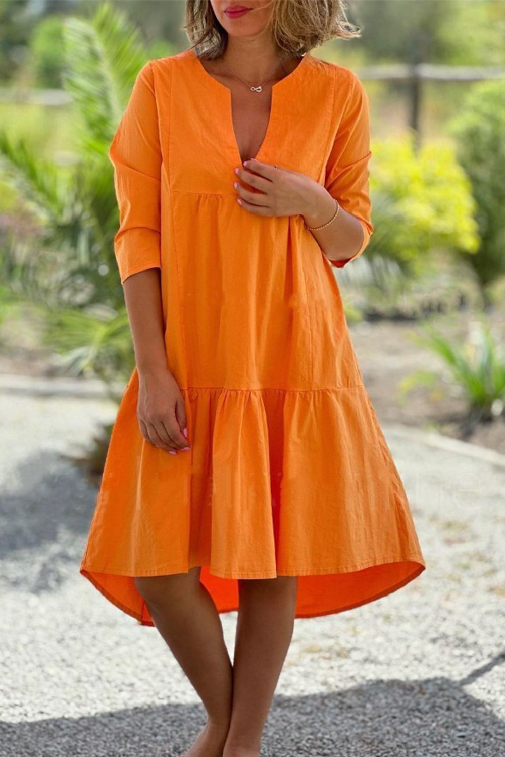 Plus Size Casual Orange Cotton And Linen 3/4 Sleeve High Low Hem Midi Dress 2024 - Flycurvy 