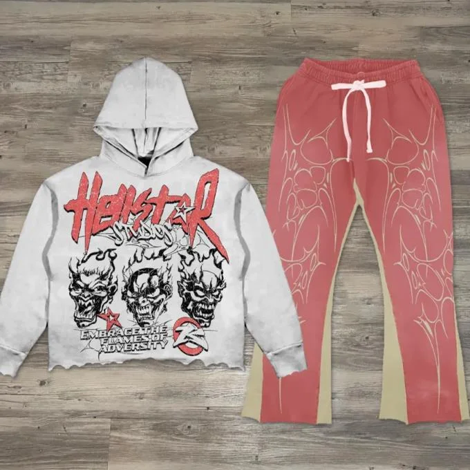 Casual Street Skull Pattern Hoodie & Flared Trousers Two Piece Set