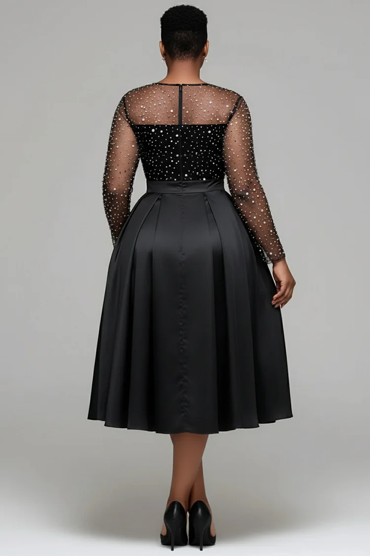 Xpluswear Design Plus Size Wedding Guest Satin Black Round Neck Long Sleeve See Through Elegant Pocket Tulle Midi Dresses [Pre-Order]