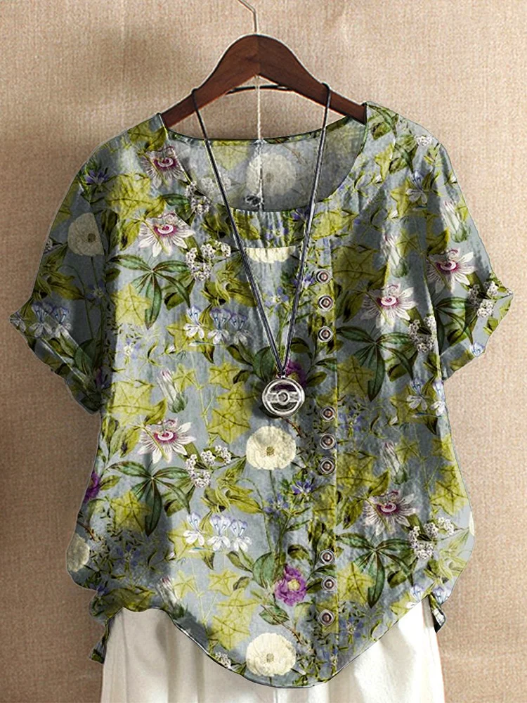 Women's Flower Art  Print Casual Cotton And Linen Shirt