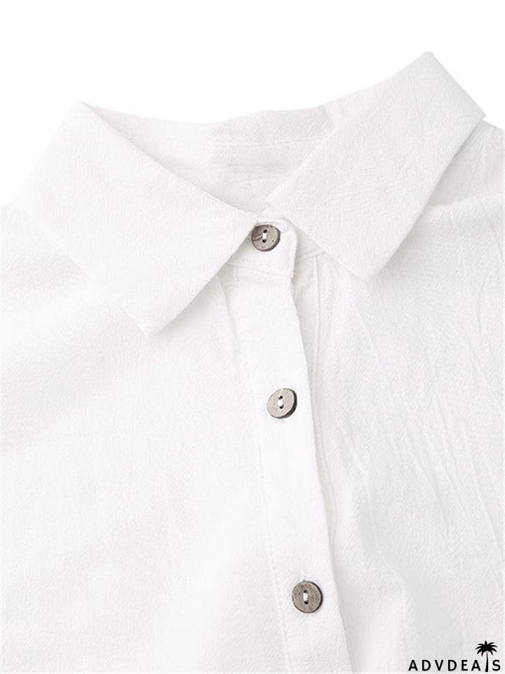 Straight Silhouette Spread Collar Soft Cotton Front Button Cropped Jumpsuit