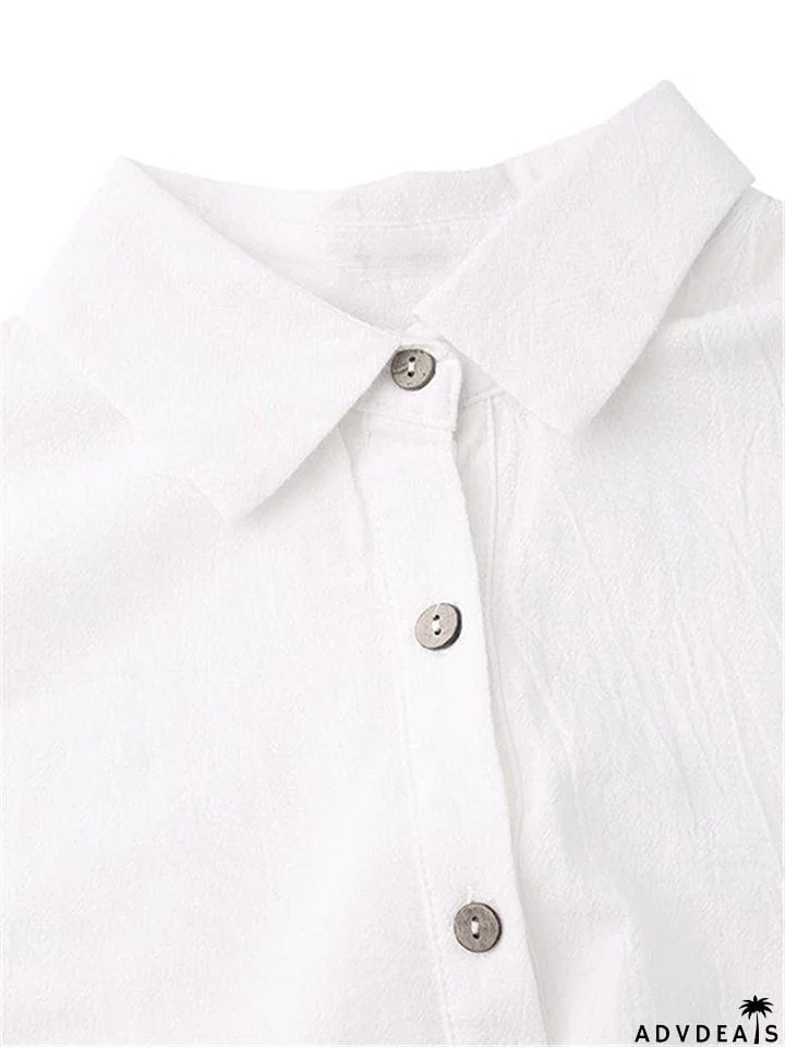 Straight Silhouette Spread Collar Soft Cotton Front Button Cropped Jumpsuit