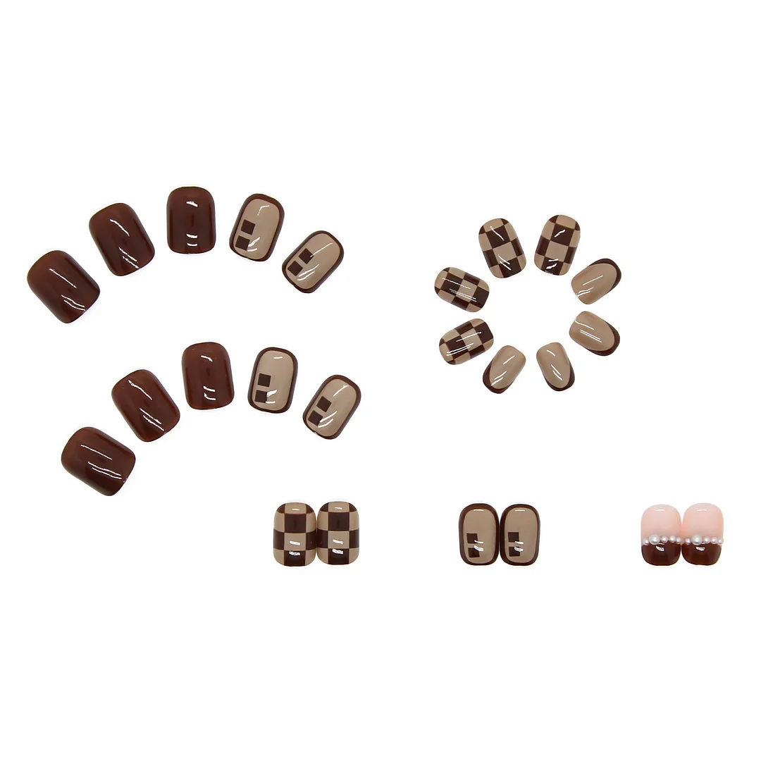 Churchf Churchf Fake Nail Finished Nail Paste Retro Checkerboard Pearl Nail Wear Nail Patch Paste Short Nail