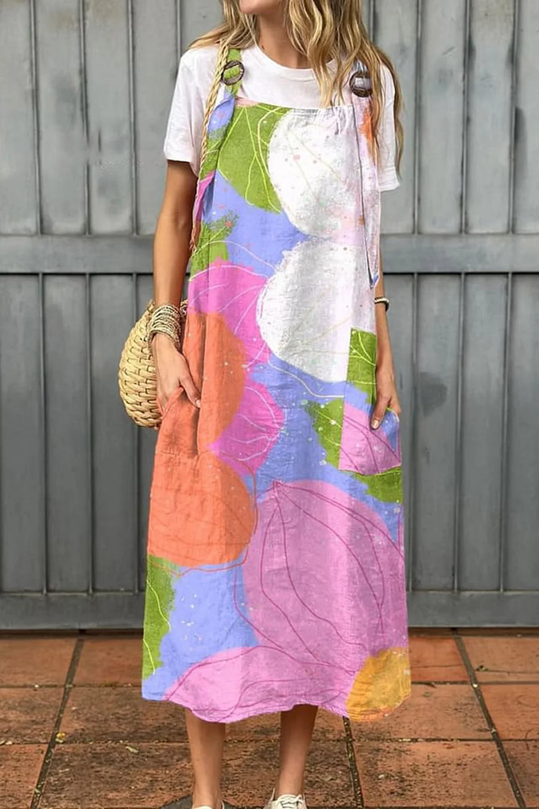 Women's Vintage Flower Art Print Cotton Pocket Suspender Dress