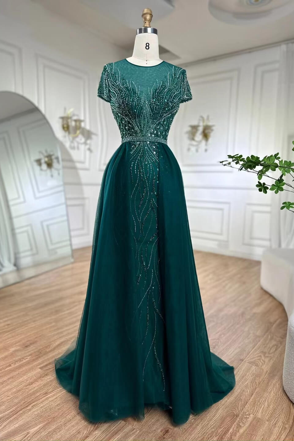 Bellasprom Emerald Green Scoop Sleeveless Mermaid Prom Dress With Beadings Overskirt Bellasprom