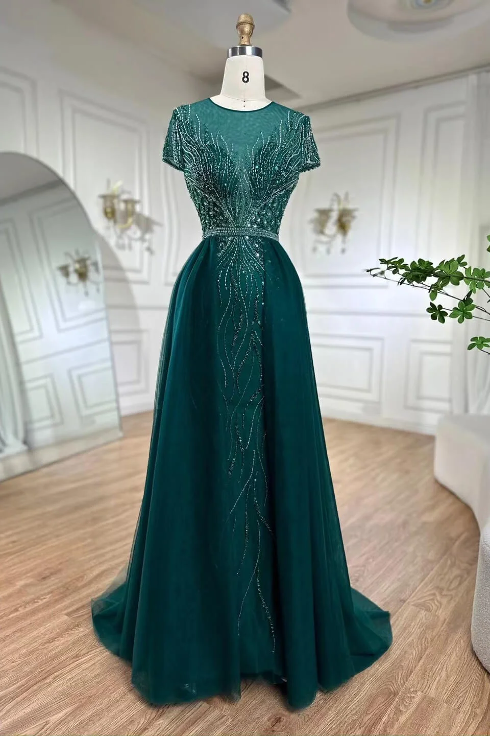 Bellasprom Emerald Green Scoop Sleeveless Mermaid Prom Dress With Beadings Overskirt Bellasprom