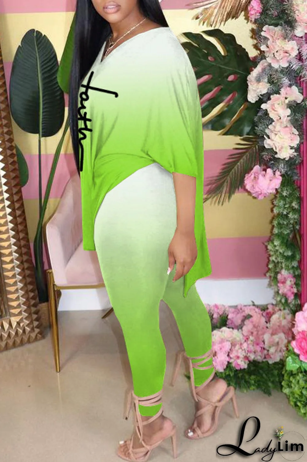 Black Casual Gradual Change Print Patchwork Slit V Neck Half Sleeve Two Pieces