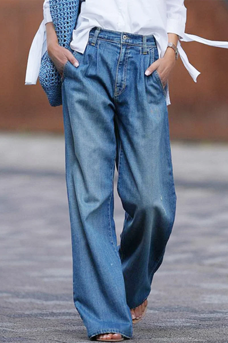 Casual Street Solid Pocket High Waist Loose Denim Jeans