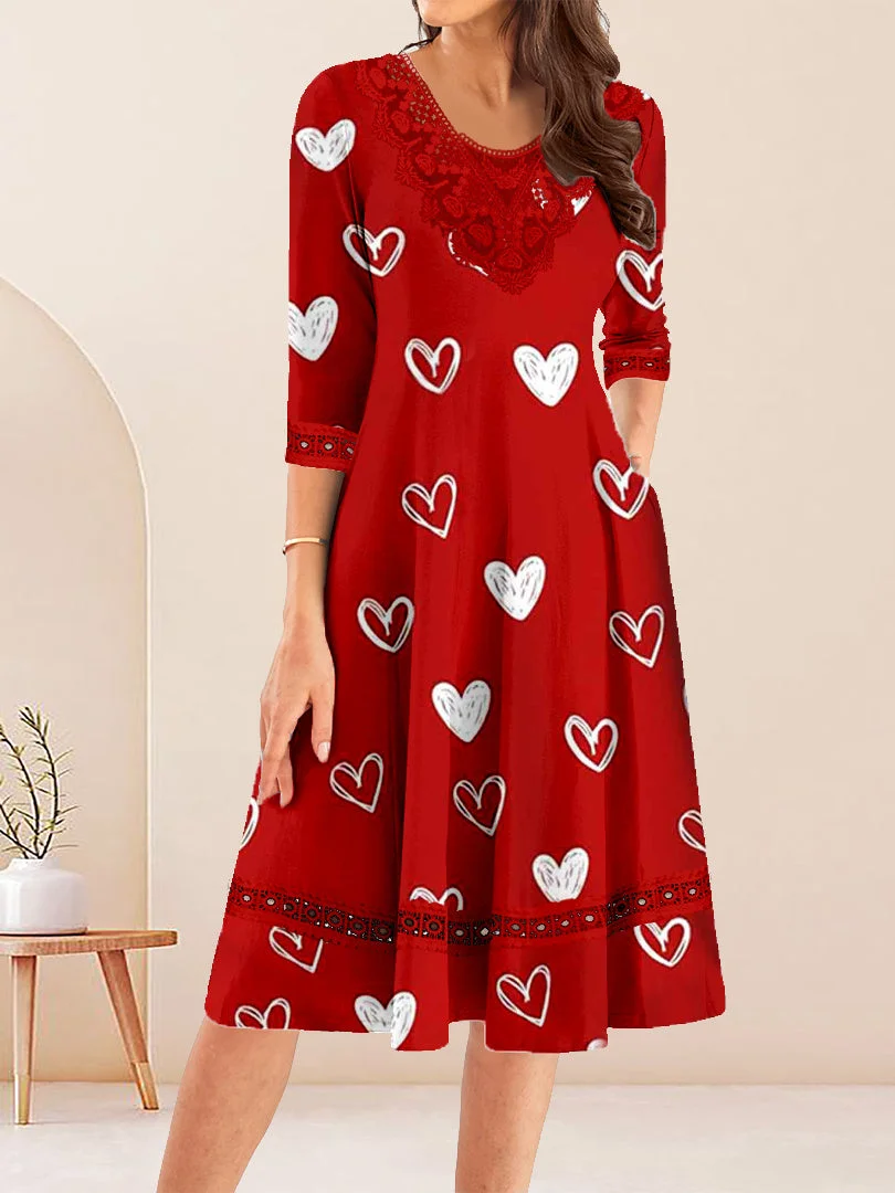 Women's 3/4 Sleeve Scoop Neck Graphic Printed Lace Stitching Midi Dress