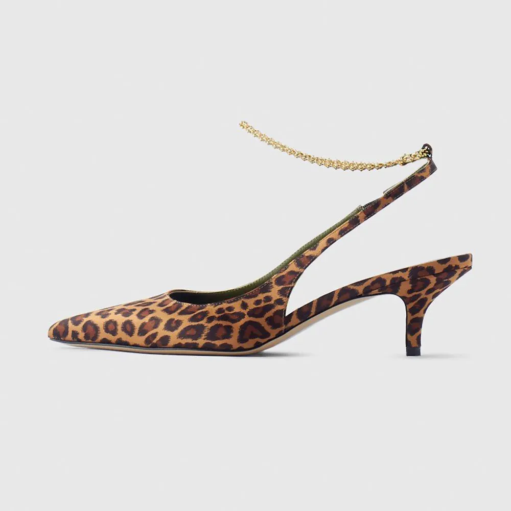 Leopard Print Fabric Pointed Toe Slingback Heels with Chain