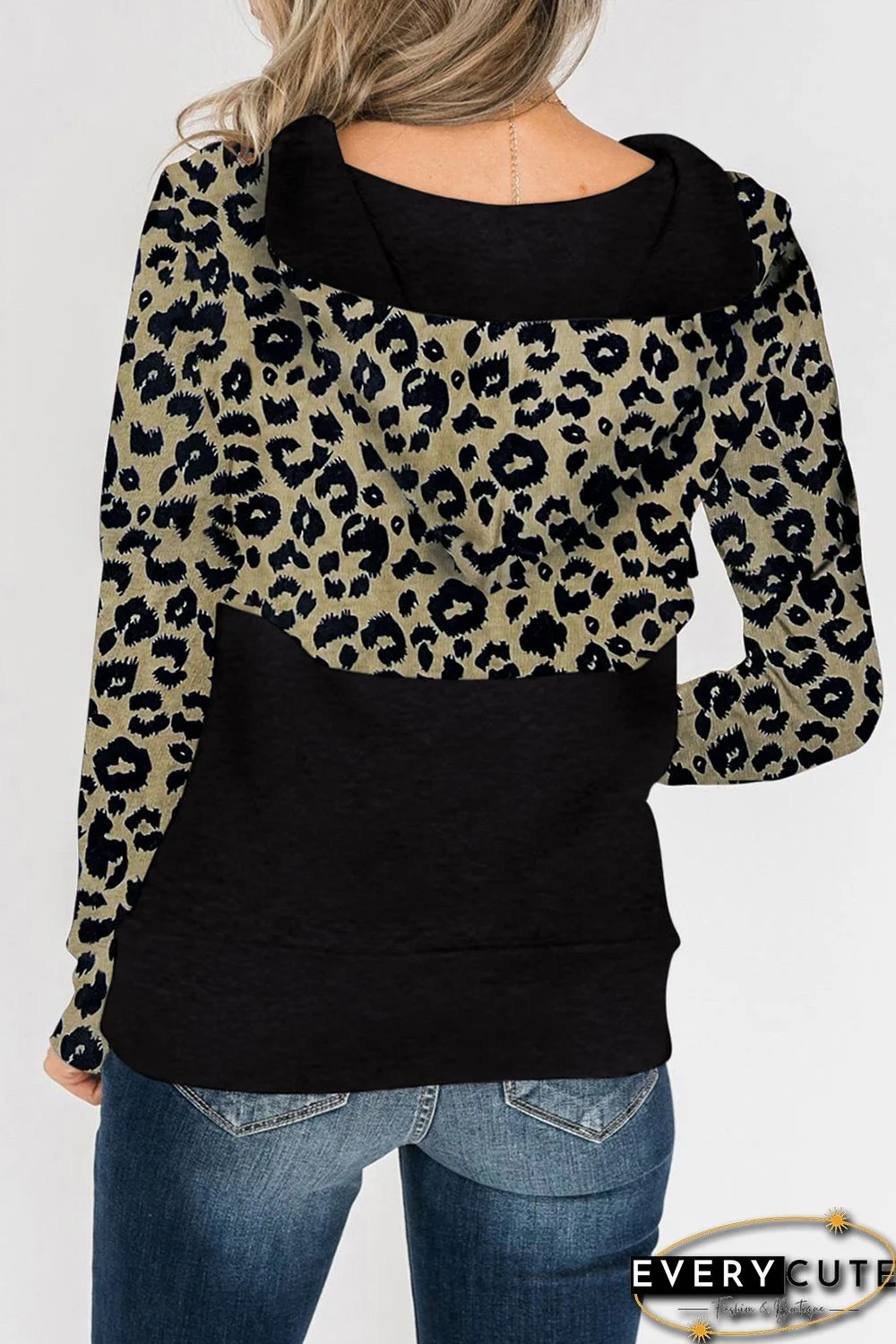 Leopard Print Color Block Patchwork Zip Collar Sweatshirt