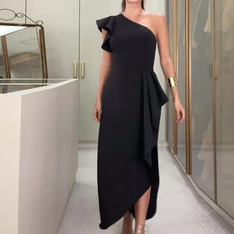 Toloer Toloer 2023 New Fashion Solid Color Diagonal Lace Sleeve Slit Sexy Skirt-Outfit Ideas