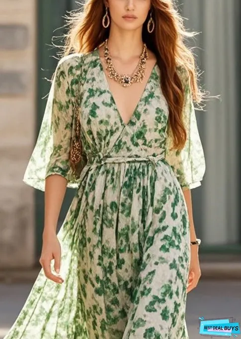 Stylish Green V Neck Print Chiffon Long Dresses Summer