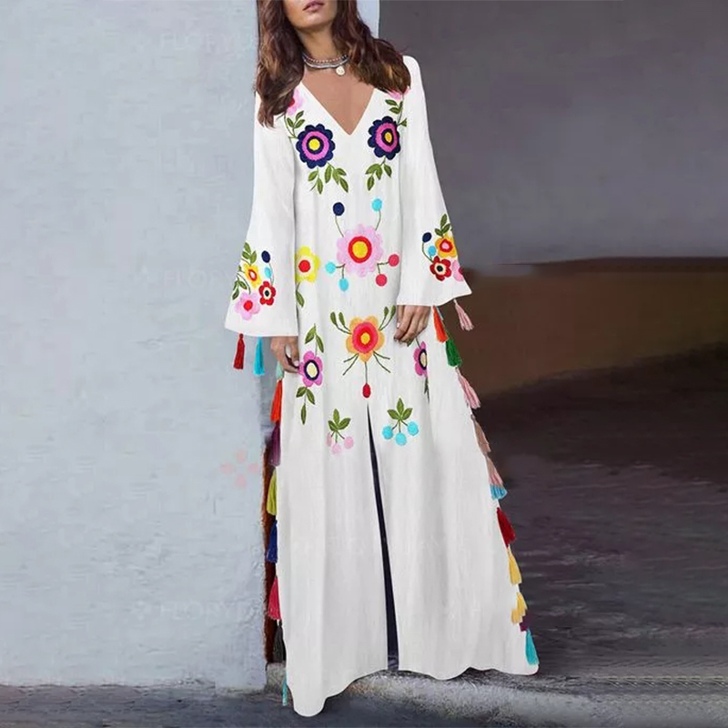 Boho Floral Peasant V-Neckline A-line Dress wearshes