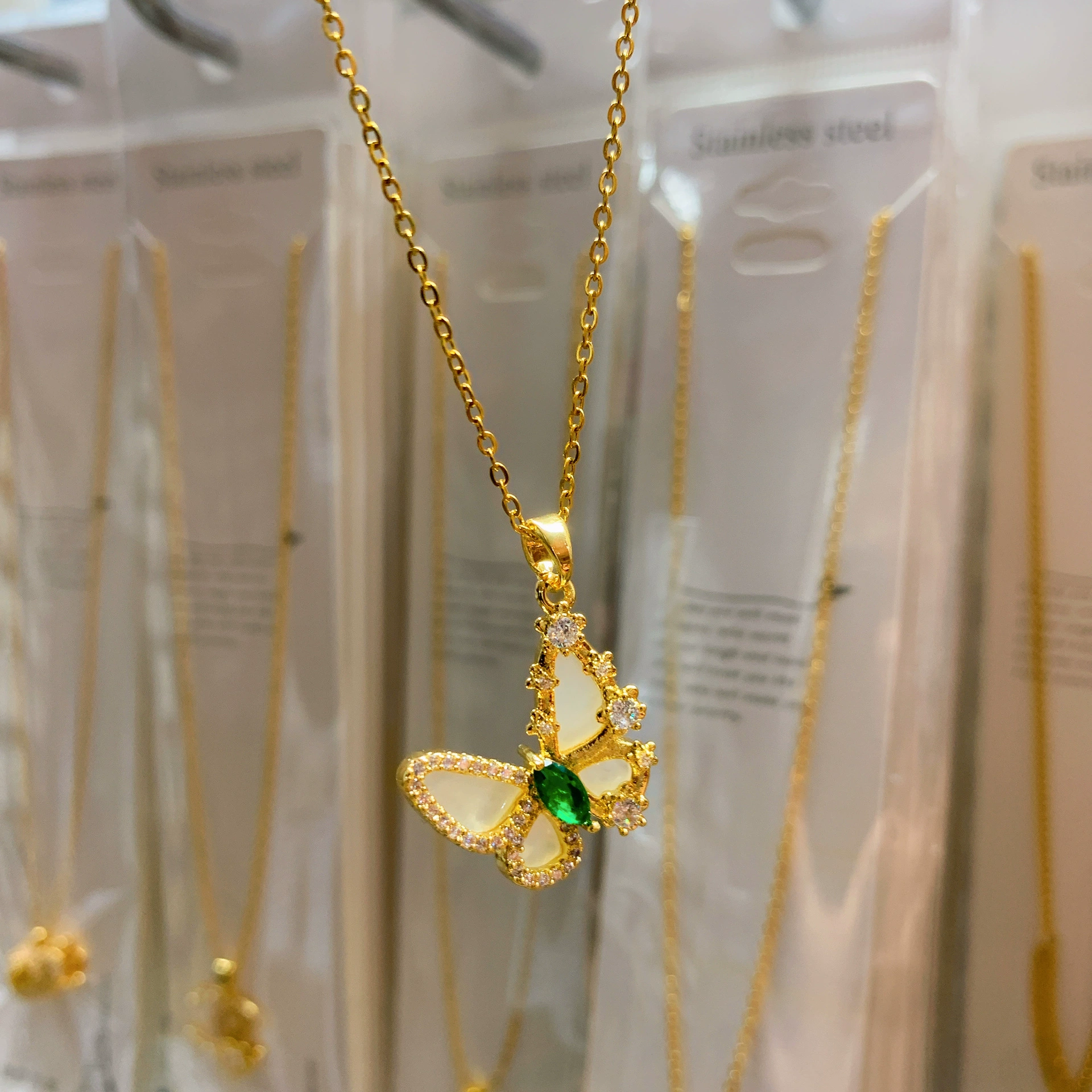 Shell Emerald Zirconia Butterfly Gold-Plated Necklace