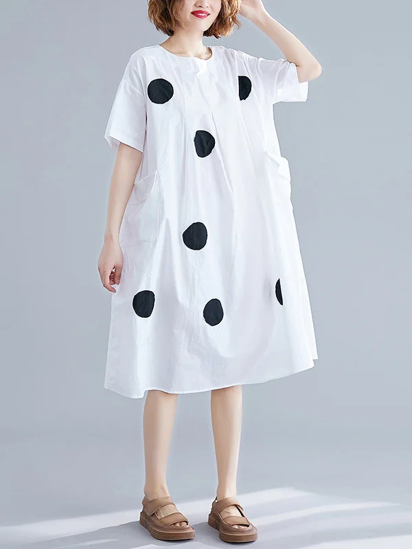 Original Short Sleeves Roomy Contrast Color Polka-Dot Round-Neck Midi Dresses