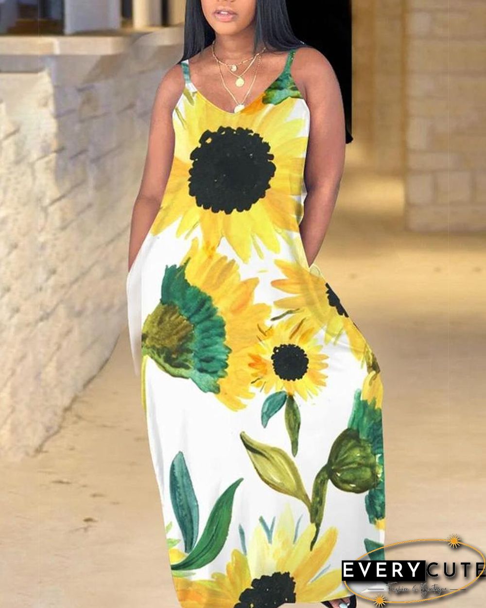 Allover Sunflower Print Cami Dress