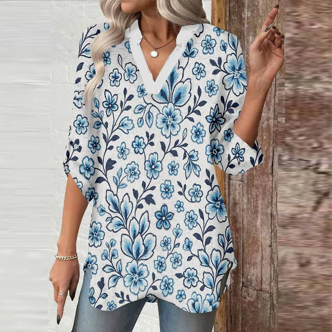 Women Floral,Blue,Black DZGA0267 3/4 Sleeve V-neck Printed Graphic Button Tops