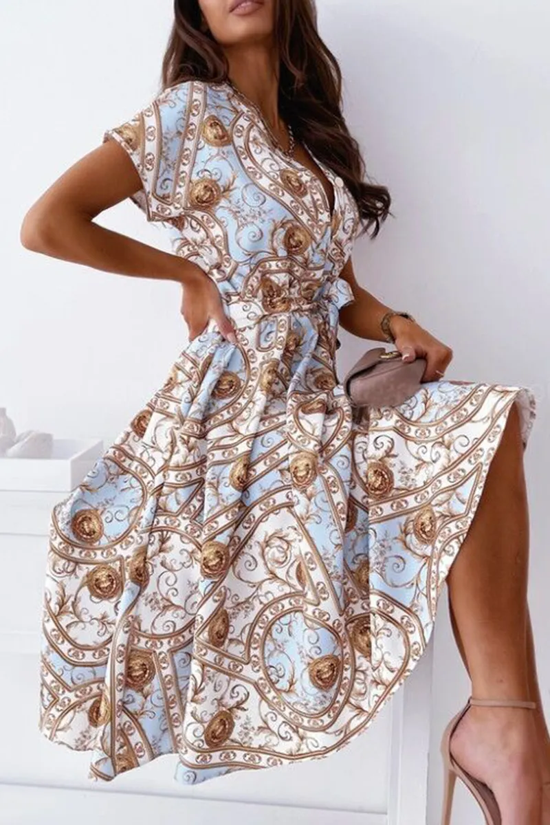 Fashion Elegant Print Buckle With Belt V Neck A Line Dresses
