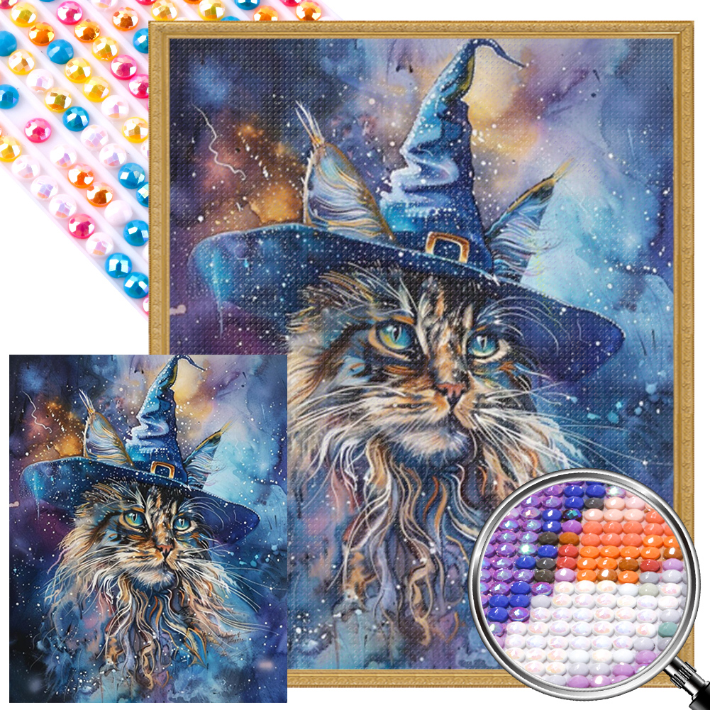 Wizard Hat Kitten 40*50cm(picture) full round drill diamond painting with 3 to 5 colors of AB drills