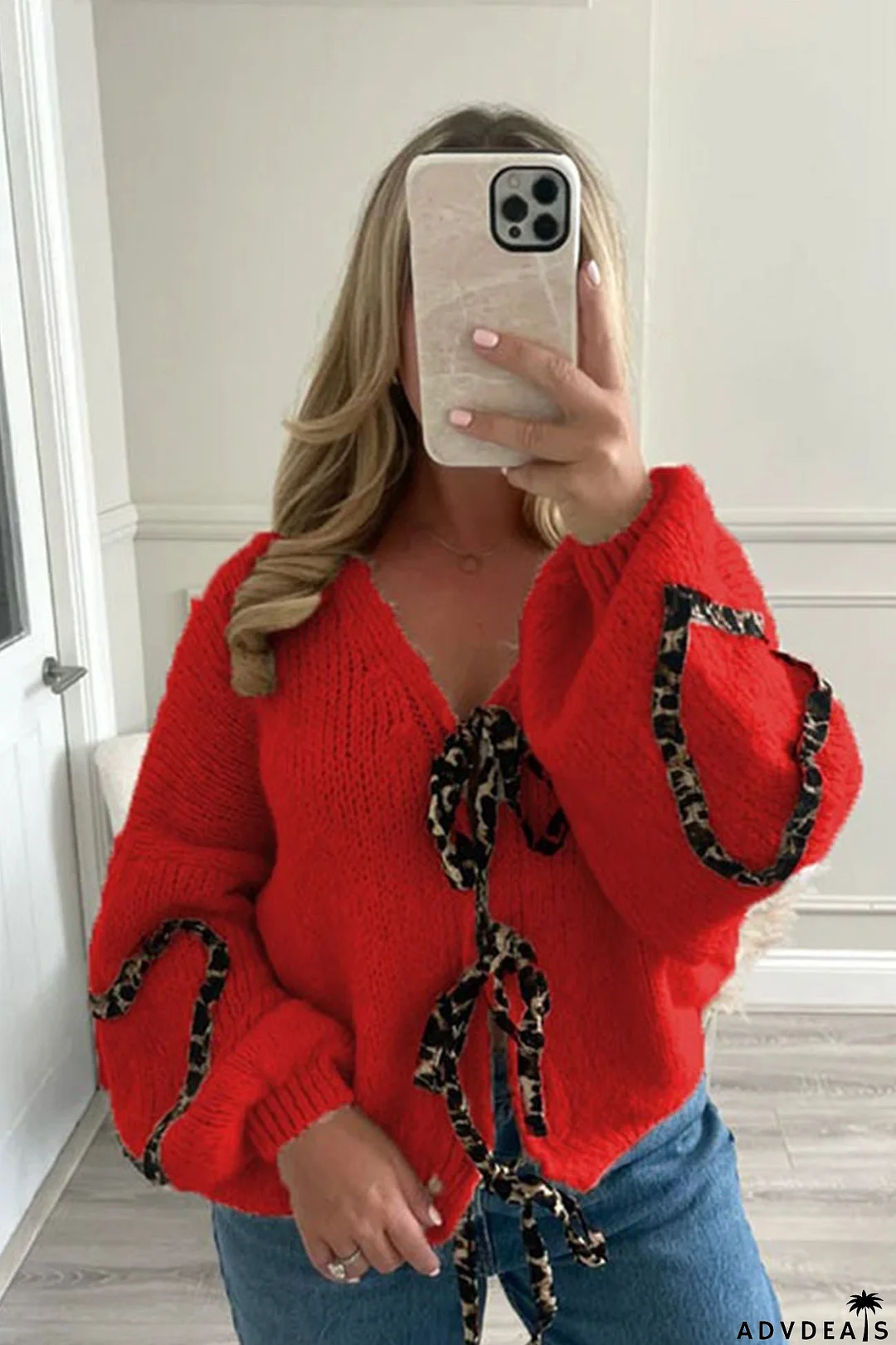Tie leopard print knitted cardigan