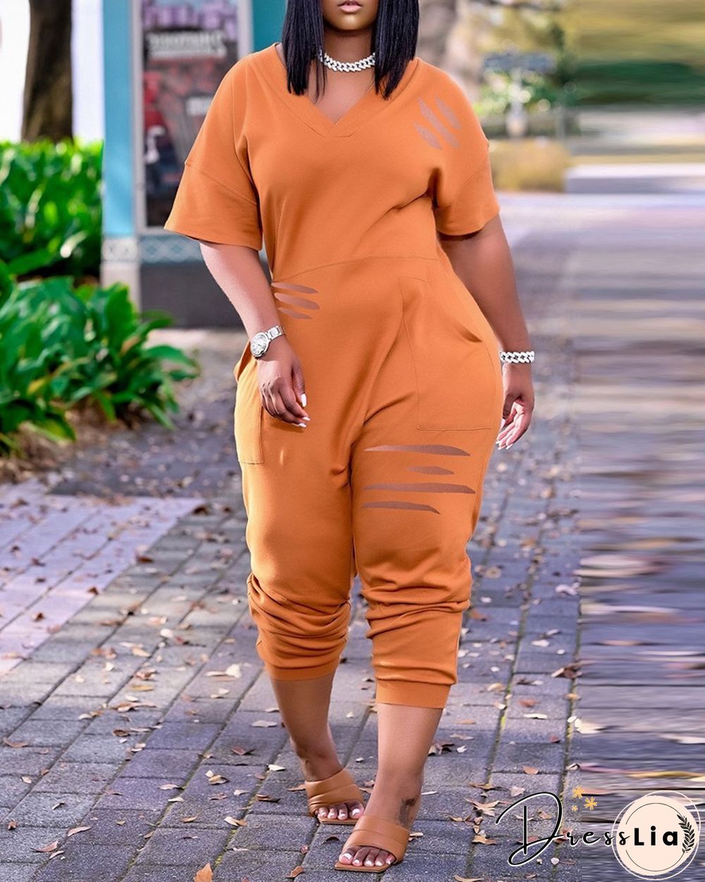 Pocket Design Cutout Short Sleeve Jumpsuit