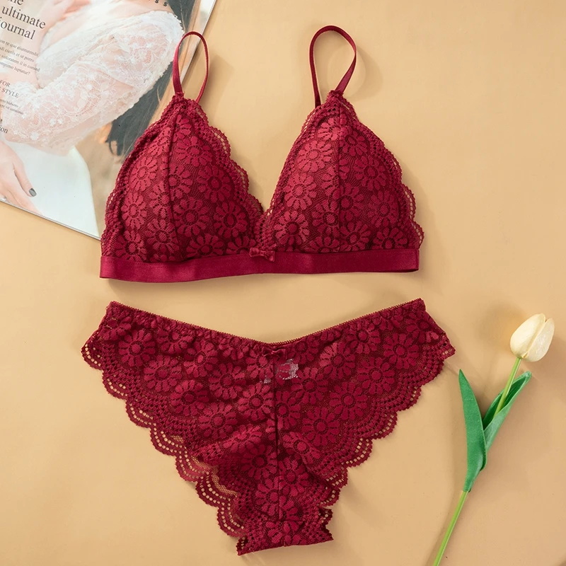 Dzgolf Women's Bra Set Sexy Beauty Back Tops Lace Push-up Bras and Panty Sets Wire Free Lingerie Solid Padded Intimates Underwear