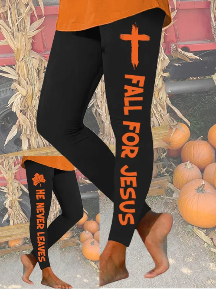 Women's Fall For Jesus He Never Leaves Print Leggings