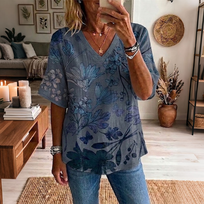 Comstylish Women's Vintage Bohemian Floral Art Print Linen Blend Tops