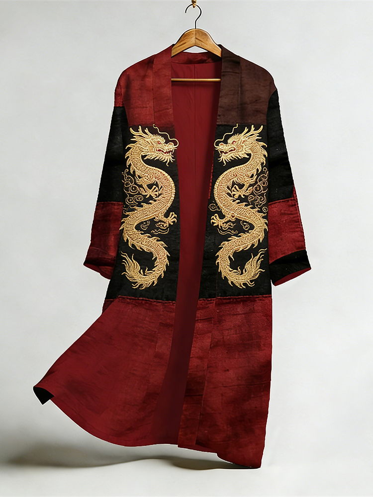 Vintage Golden Dragon Art Flowy Linen Long Kimono elevenforest